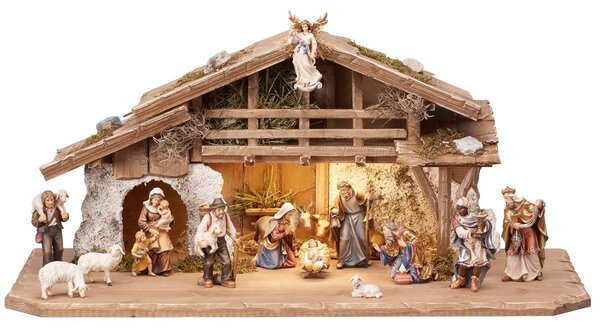 Alpine Mahlknecht Nativity set with light and 16 figures