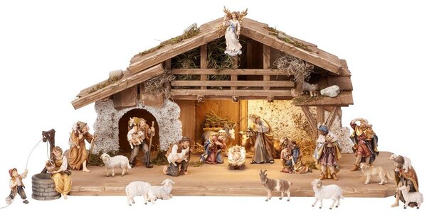 Wooden Alpine stable Rainell with lighting and 24 figurines
