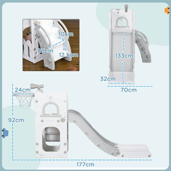 AIYAPLAY 4 in 1 Toddler Slide with Basketball Hoop, Climber, Telescope, Storage Basket, for Ages 1-3 Years, Grey