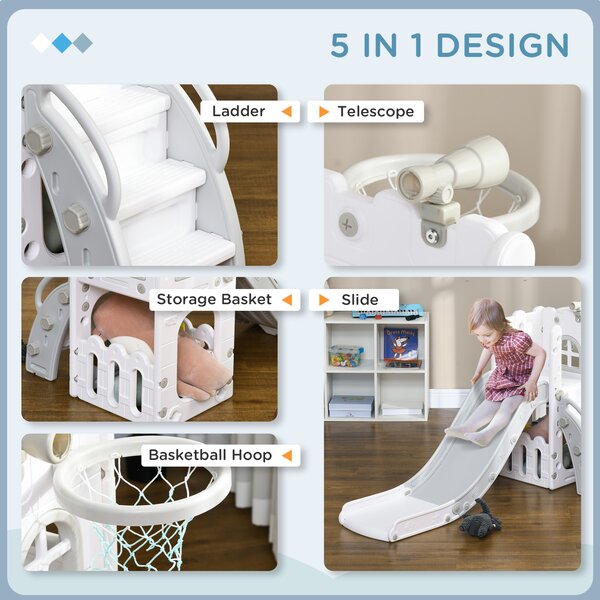 AIYAPLAY 4 in 1 Toddler Slide with Basketball Hoop, Climber, Telescope, Storage Basket, for Ages 1-3 Years, Grey