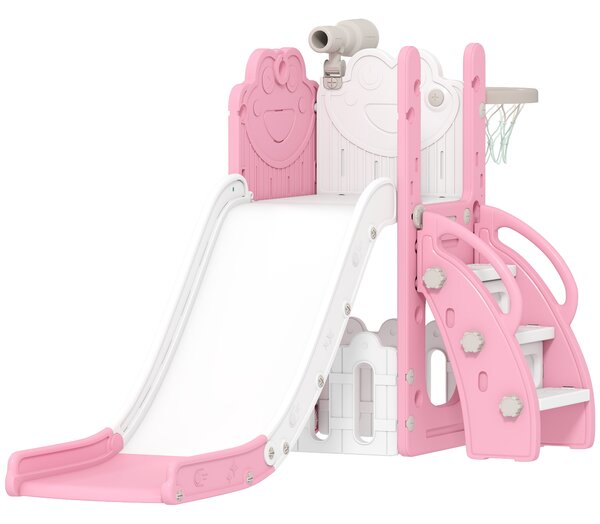 AIYAPLAY 5 in 1 Kids Slide Set with Basketball Hoop, Climbing Frame, Telescope, Storage Box for Toddlers Ages 1-3, Pink