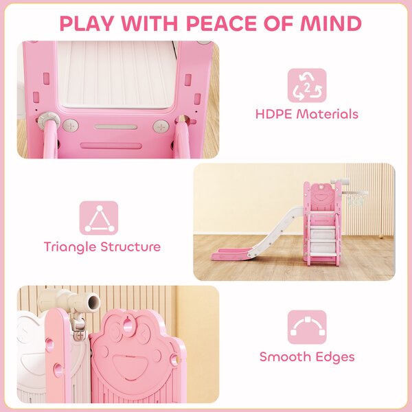 AIYAPLAY 5 in 1 Kids Slide Set with Basketball Hoop, Climbing Frame, Telescope, Storage Box for Toddlers Ages 1-3, Pink