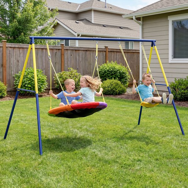 AIYAPLAY Kids Swing Set with Double Swings, Outdoor Playset with Adjustable Ropes, Metal Frame for Ages 3-8, 150kg Capacity