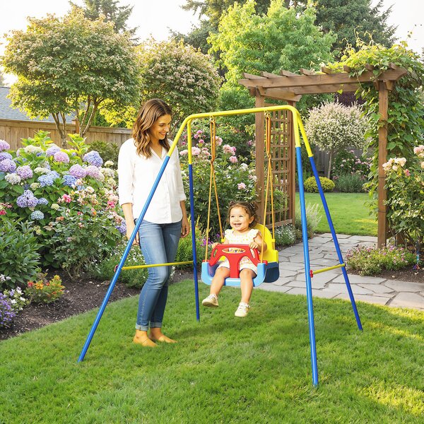 AIYAPLAY 3 in 1 Toddler Swing Set, Folding Child Swing Set with Seat Belt, Adjustable Seat for Outdoor Indoor, Blue