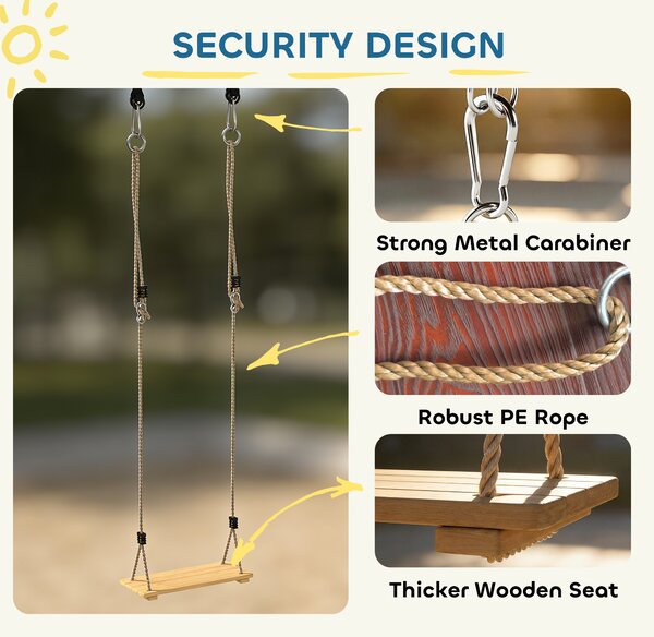 AIYAPLAY Wooden Swing Seat, Kids Swing Set with Adjustable Rope and Tree Straps, Outdoor Playground Playset for Kids