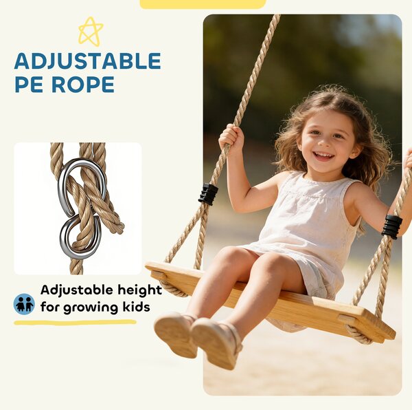 AIYAPLAY Wooden Swing Seat, Kids Swing Set with Adjustable Rope and Tree Straps, Outdoor Playground Playset for Kids