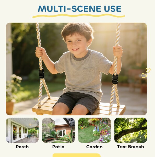AIYAPLAY Wooden Swing Seat, Kids Swing Set with Adjustable Rope and Tree Straps, Outdoor Playground Playset for Kids