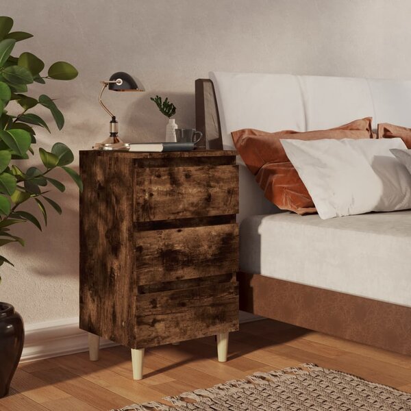 Bed Cabinet with Solid Wood Legs Smoked Oak 40x35x69 cm