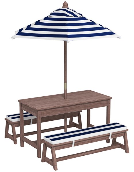 AIYAPLAY Outdoor Wooden Kids Picnic Table & Bench Set with Cushions and Umbrella, for Patio, Garden, Navy Blue