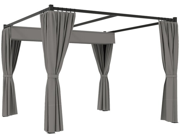 Outsunny 3 x 3(m) Retractable Pergola, Garden Gazebo Shelter with Curtains, for Grill, Patio, Deck, Light Grey
