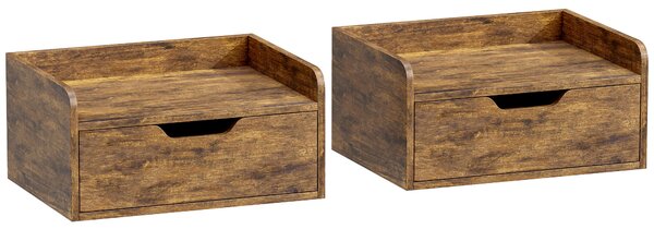 HOMCOM Floating Nightstands Set of 2, Wall Mounted Bedside Table with Drawer for Bedroom, Rustic Brown