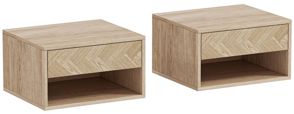 HOMCOM Set of Two Floating Bedside Tables - Natural Wood Finish