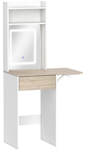 HOMCOM Small Vanity Desk with Mirror and LED Lights, Compact Dressing Table with Drop Leaf, Open Shelves and Drawer, White