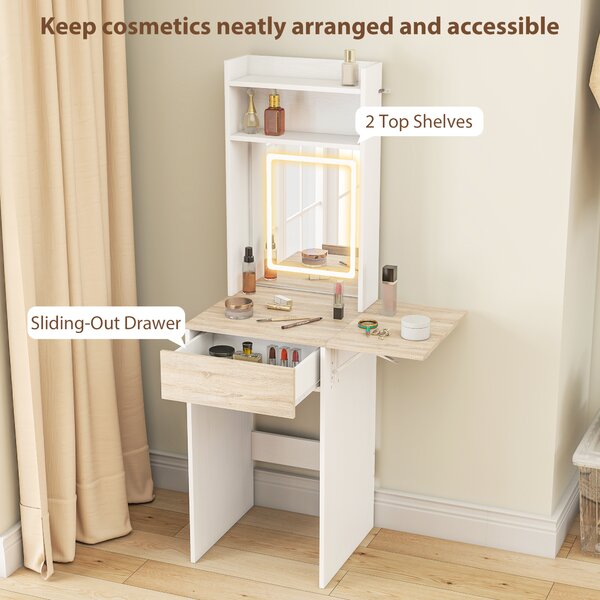 HOMCOM Small Vanity Desk with Mirror and LED Lights, Compact Dressing Table with Drop Leaf, Open Shelves and Drawer, White