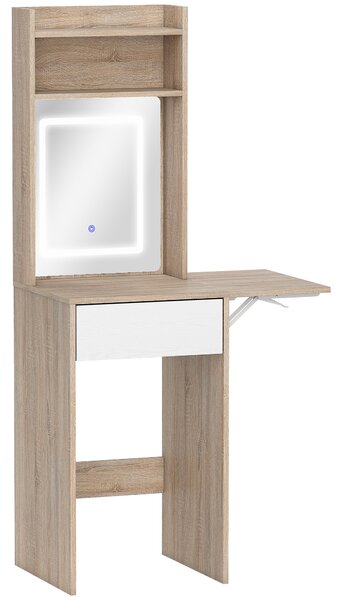 HOMCOM Small Vanity Desk with Mirror and LED Lights, Compact Dressing Table with Drop Leaf, Open Shelves, Natural Wood