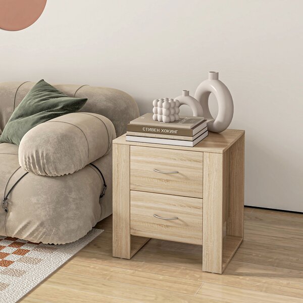 HOMCOM Bedside Table with 2 Drawers, Nightstand with Handles and Elevated Base, Side Table for Bedroom, Living Room, Set of 2, Brown Aosom UK