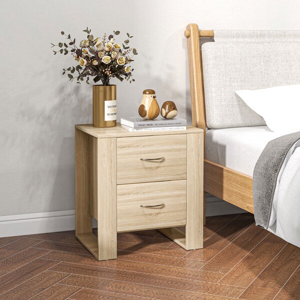 HOMCOM Bedside Table with 2 Drawers, Nightstand with Handles and Elevated Base, Side Table for Bedroom, Living Room, Set of 2, Brown Aosom UK
