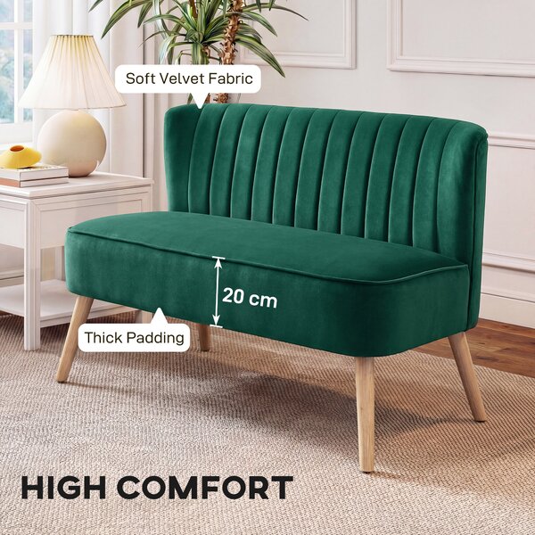 HOMCOM 46" Loveseat Sofa Upholstered Small 2 Seater Sofa with Thick Padded Seat and Rubber Wood Legs, Dark Green