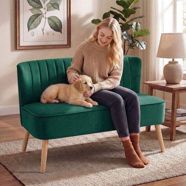 HOMCOM 46" Loveseat Sofa Upholstered Small 2 Seater Sofa with Thick Padded Seat and Rubber Wood Legs, Dark Green