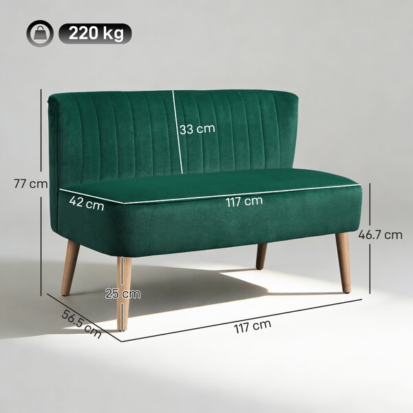HOMCOM 46" Loveseat Sofa Upholstered Small 2 Seater Sofa with Thick Padded Seat and Rubber Wood Legs, Dark Green