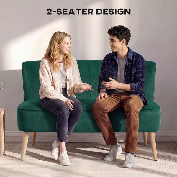 HOMCOM 46" Loveseat Sofa Upholstered Small 2 Seater Sofa with Thick Padded Seat and Rubber Wood Legs, Dark Green