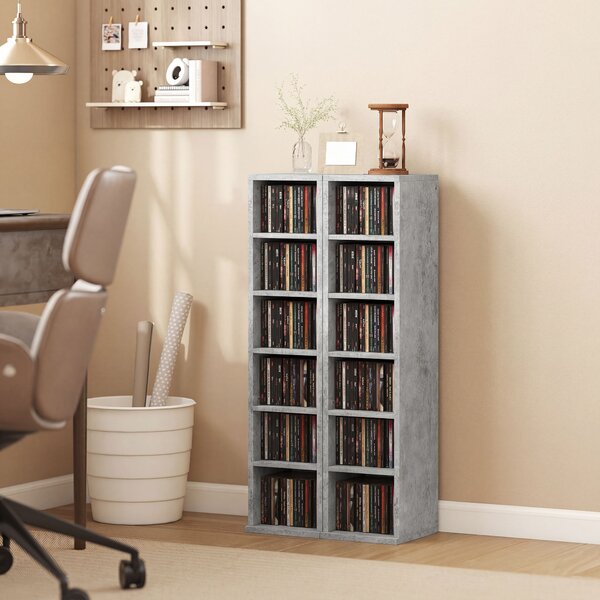 HOMCOM Set of 2 CD Media Display Shelf Unit Tower Rack with Adjustable Shelves, Grey