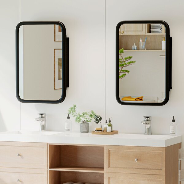 HOMCOM Bathroom Wall Cabinet with Tempered Mirror Metal Bathroom Mirror Cabinet with 3 Shelves Black
