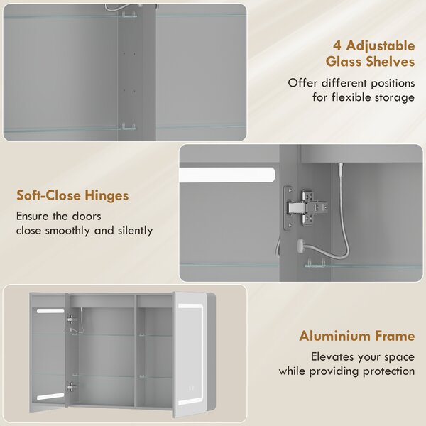 HOMCOM Mirrored Bathroom Cabinet with LED Lights, 60 x 80 cm Bathroom Mirror Cabinet with Anti-Fog, 3 Colour Dimmable Lighting