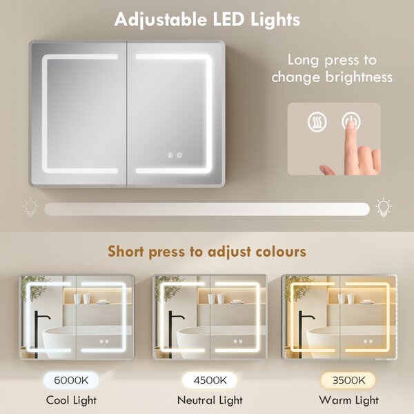HOMCOM Mirrored Bathroom Cabinet with LED Lights, 60 x 80 cm Bathroom Mirror Cabinet with Anti-Fog, 3 Colour Dimmable Lighting