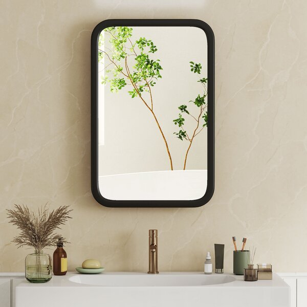 HOMCOM Bathroom Wall Cabinet with Tempered Mirror Metal Bathroom Mirror Cabinet with 3 Shelves Black
