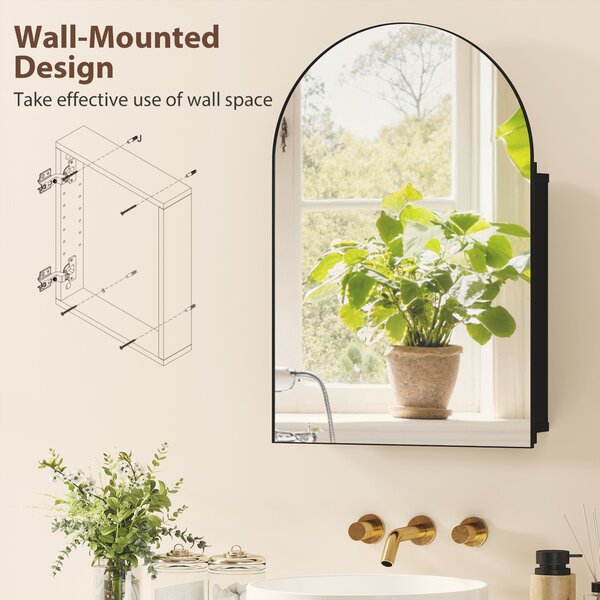 HOMCOM Bathroom Mirror Cabinet with Mirror, Arched Wall Mounted Bathroom Cabinet with Storage Shelves, Black