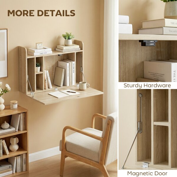 HOMCOM Wall Mounted Desk, Drop Leaf Floating Laptop Desk with Space Saving Storage Compartments for Home Office, Oak