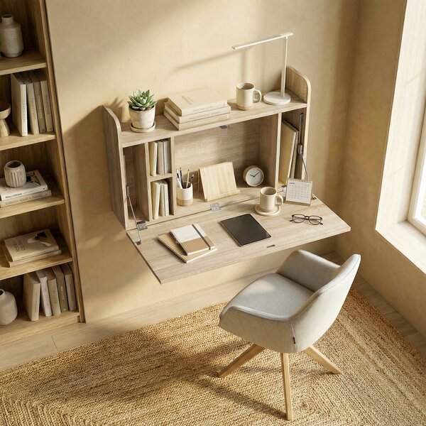 HOMCOM Wall Mounted Desk, Drop Leaf Floating Laptop Desk with Space Saving Storage Compartments for Home Office, Oak