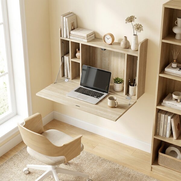 HOMCOM Wall Mounted Desk, Drop Leaf Floating Laptop Desk with Space Saving Storage Compartments for Home Office, Oak