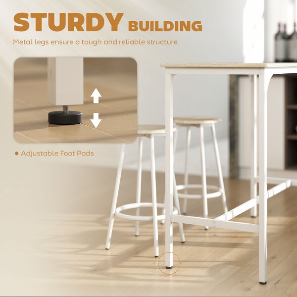 HOMCOM 5 Piece Bar Table Set for 4 with Stools, Metal Frame, Footrest for Kitchen Natural Wood