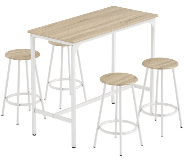 HOMCOM 5 Piece Bar Table Set for 4 with Stools, Metal Frame, Footrest for Kitchen Natural Wood