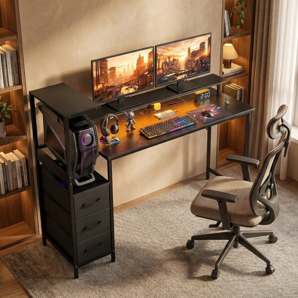 HOMCOM 147cm Gaming Desk with Charging Station and Monitor Stand, Computer Table for Home Office with RGB Lights, Black
