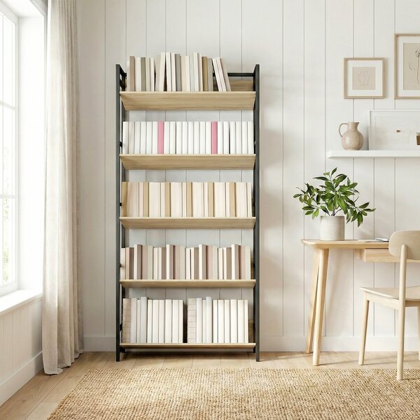 HOMCOM Bookshelf 5-Tier Metal Frame Room Divider Bookcase Storage Shelves for Living Room Oak