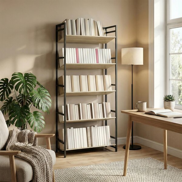 HOMCOM Bookshelf 5-Tier Metal Frame Room Divider Bookcase Storage Shelves for Living Room Oak