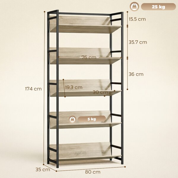 HOMCOM Bookshelf 5-Tier Metal Frame Room Divider Bookcase Storage Shelves for Living Room Oak