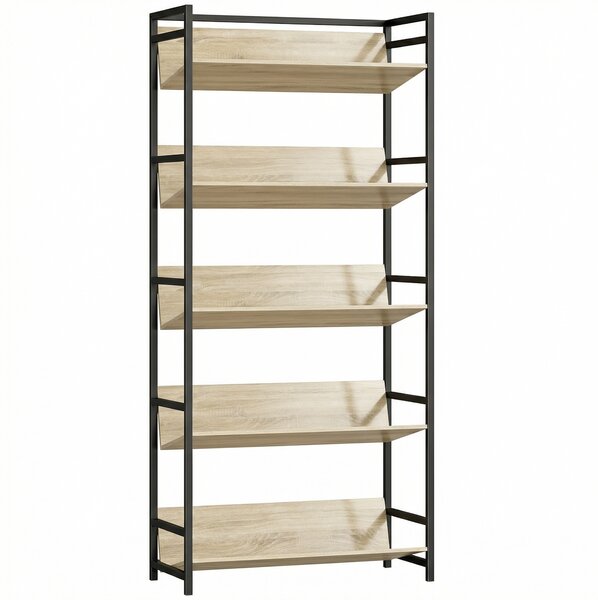 HOMCOM Bookshelf 5-Tier Metal Frame Room Divider Bookcase Storage Shelves for Living Room Oak