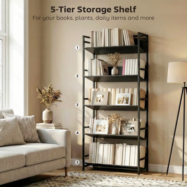HOMCOM Bookshelf 5-Tier Metal Frame Room Divider Bookcase Storage Shelves for Living Room Black