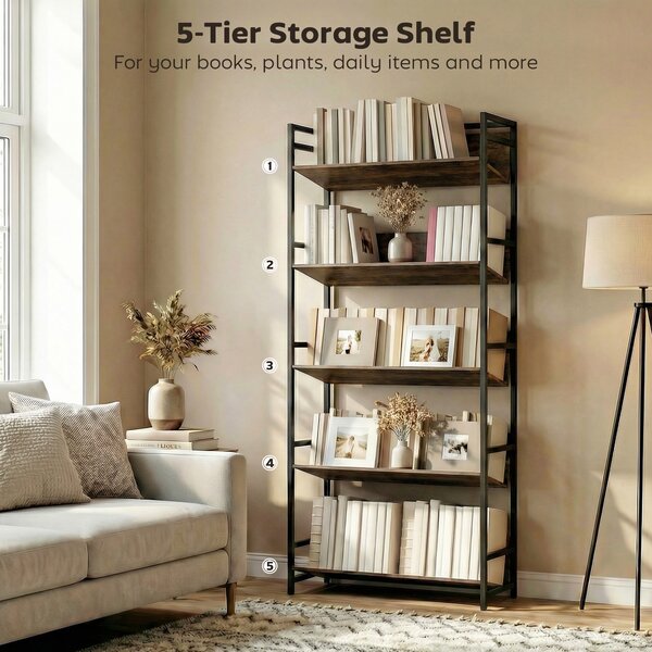 HOMCOM Bookshelf 5-Tier Metal Frame Room Divider Bookcase Storage Shelves for Living Room Rustic Brown