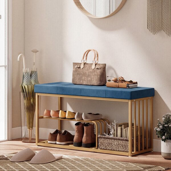 HOMCOM Bench and Shoe Storage, Tufted Shoe Storage Bench with Velvet Seat Cushion Gold Steel Frame for Entryway, Dark Blue