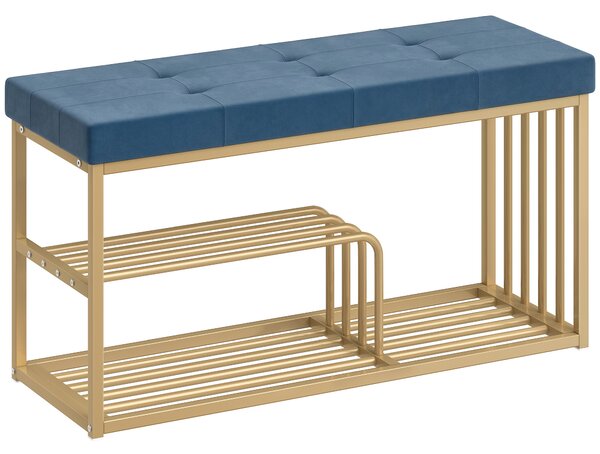 HOMCOM Bench and Shoe Storage, Tufted Shoe Storage Bench with Velvet Seat Cushion Gold Steel Frame for Entryway, Dark Blue