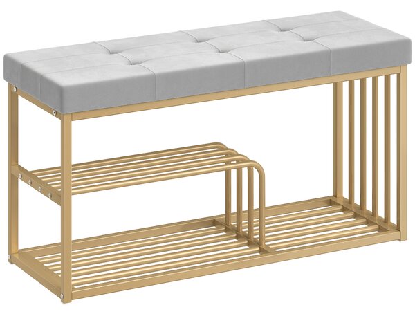 HOMCOM Bench and Shoe Storage, Tufted Shoe Storage Bench with Velvet Seat Cushion Gold Steel Frame for Entryway, Grey