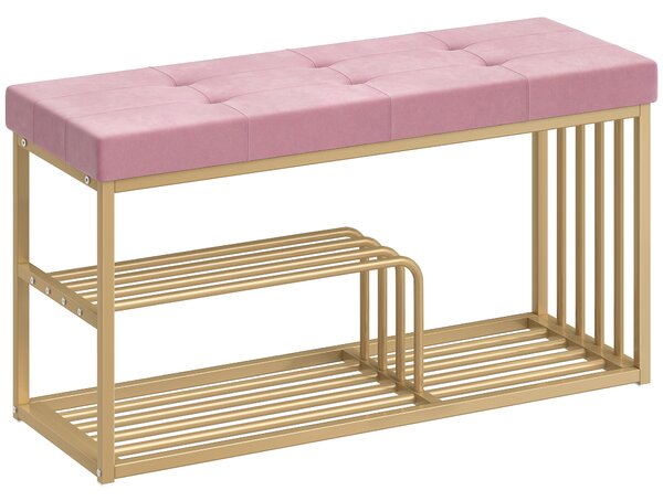 HOMCOM Bench and Shoe Storage, Tufted Shoe Storage Bench with Velvet Seat Cushion Gold Steel Frame for Entryway, Pink