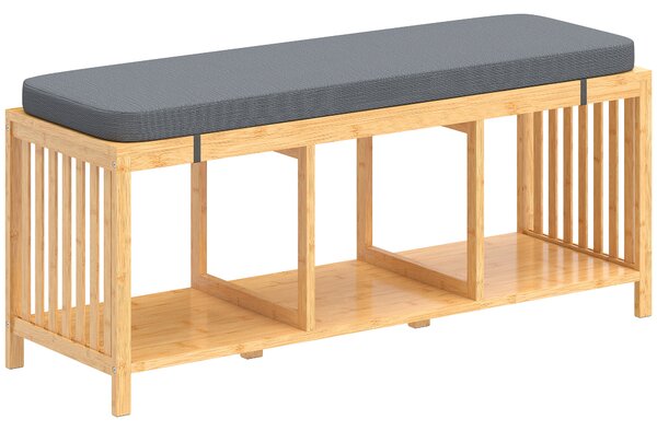 HOMCOM Bamboo Shoe Bench, Entryway Storage Bench with Padded Cushion and Open Shelf, Natural Wood Finish