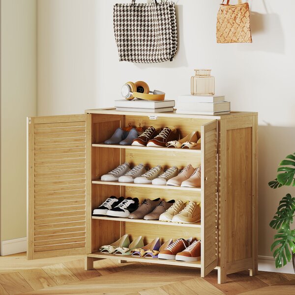 HOMCOM Bamboo Shoe Cabinet with Louvered Doors, 14 Pairs Shoe Storage Cabinet with Adjustable Shelves for Hallway, Natural