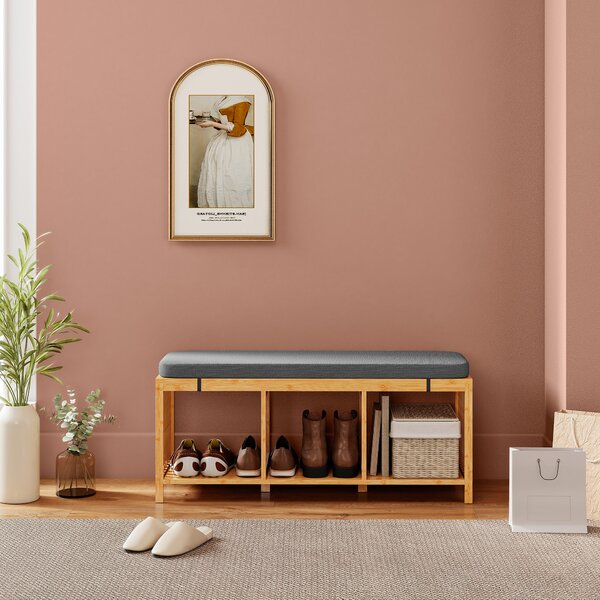 HOMCOM Bamboo Shoe Bench, Entryway Storage Bench with Padded Cushion and Open Shelf, Natural Wood Finish